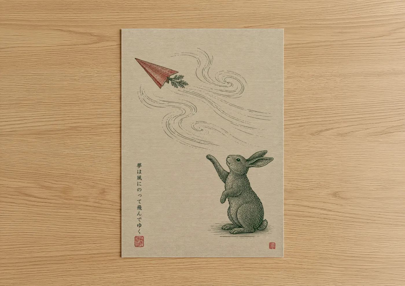 Art print on warm oak wood — beige and cream palette — Japanese Rabbit Paper Airplane Wall Art poster