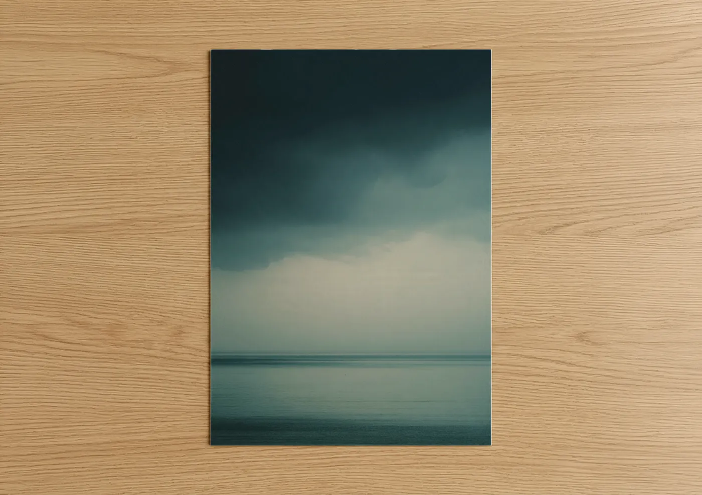 Art print on warm oak wood — teal and gray and white palette — Stormy Seascape poster