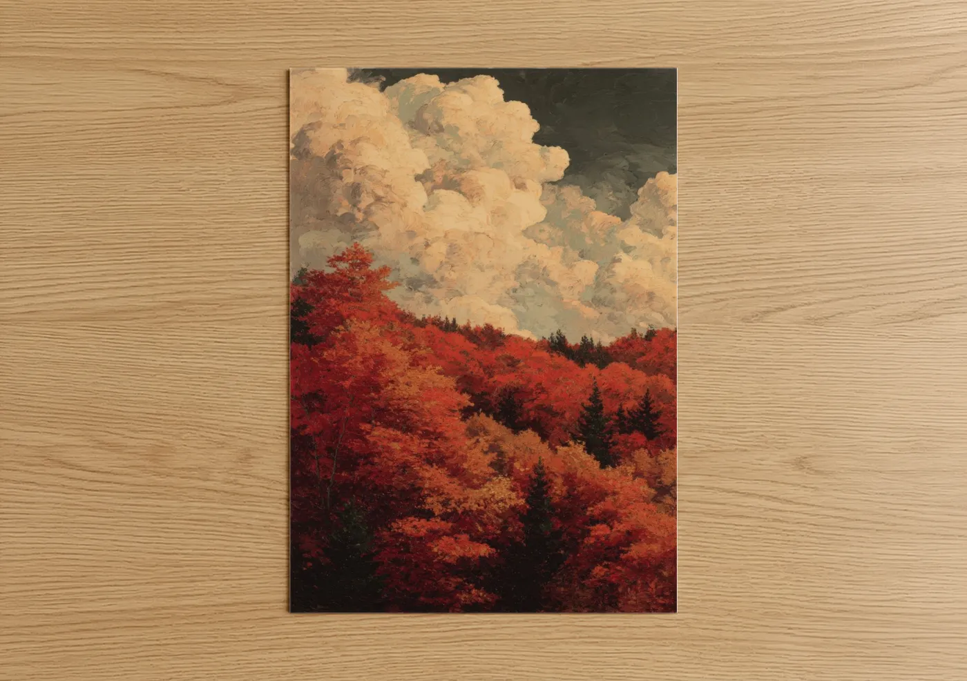 Maple forest art print on warm oak wood — red and gold palette — Crimson Autumn Forest poster