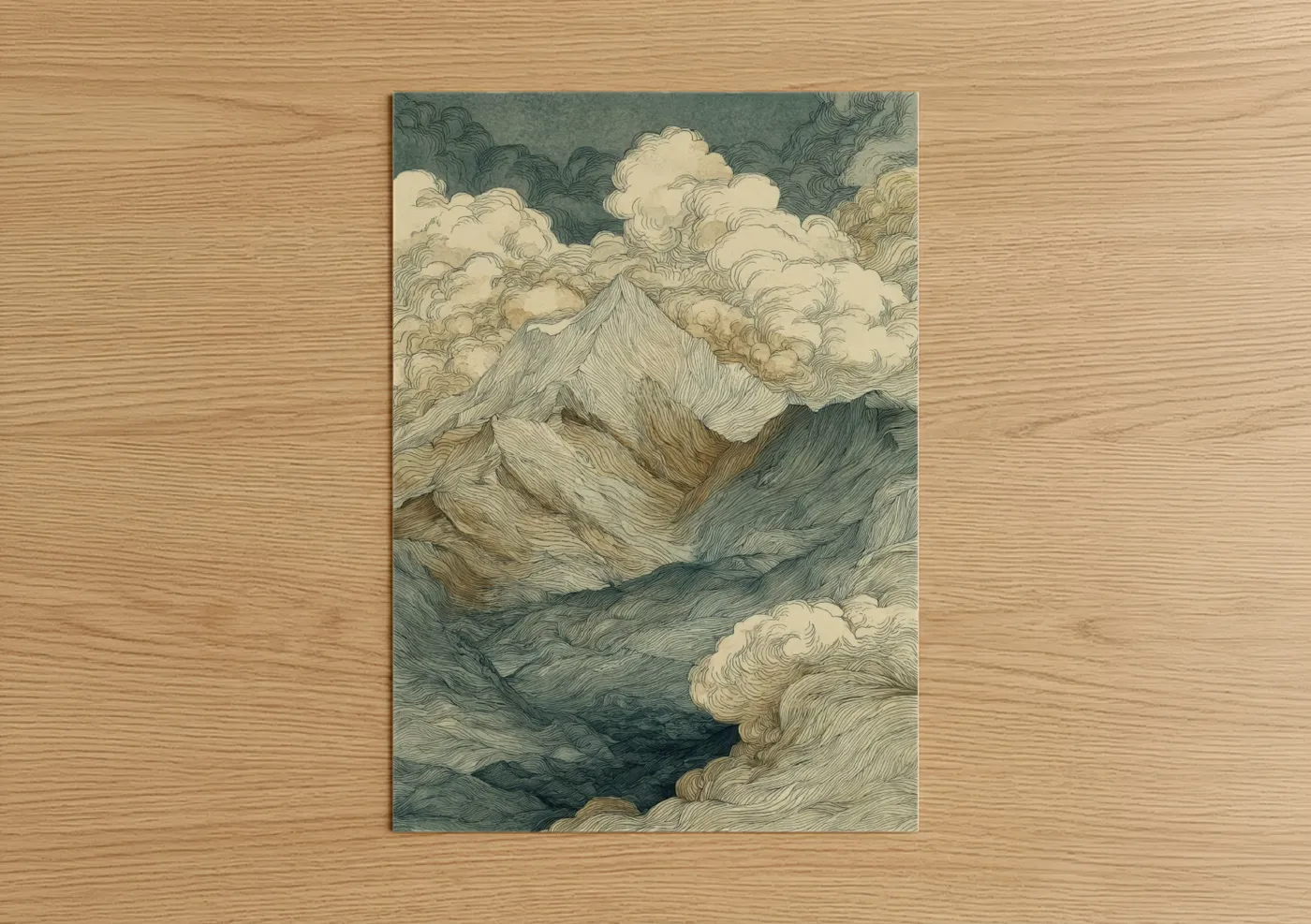 Mount everest art print on warm oak wood — sage green and cream palette — Snowy Summit Peak poster