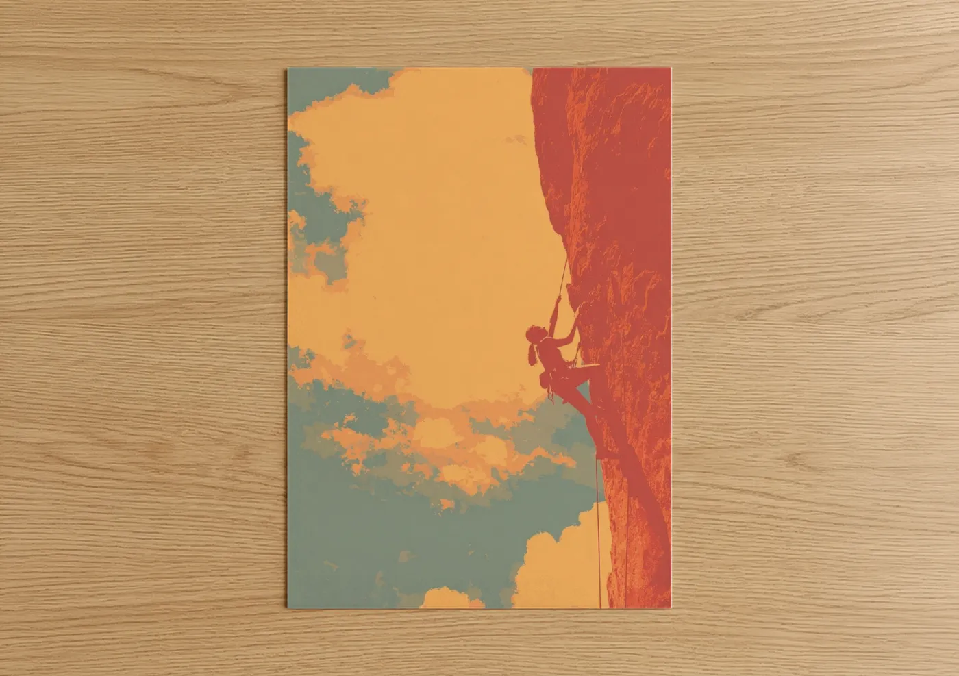 Rock climbing art print on warm oak wood — red and gold palette — Crimson Ascent poster