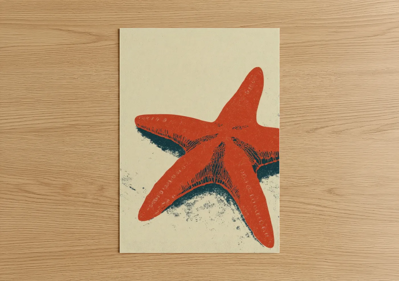 Art print on warm oak wood — red and black and white palette — Crimson Starfish poster