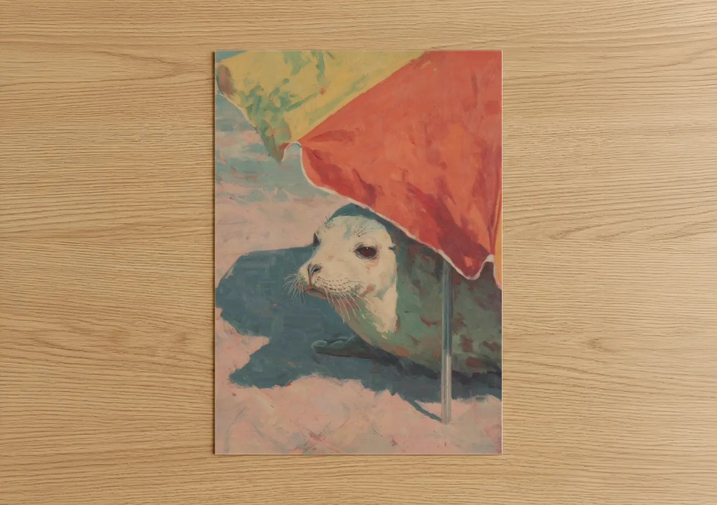 Sea Lion Under Red Umbrella Painting Wall Art
