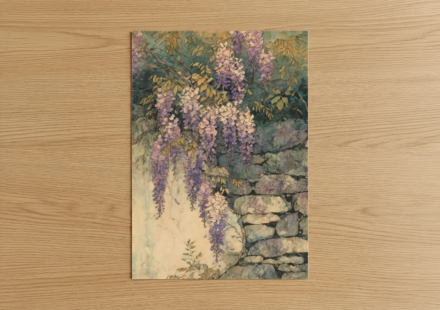Art print on warm oak wood — lavender and sage green palette — Cascading Wisteria poster