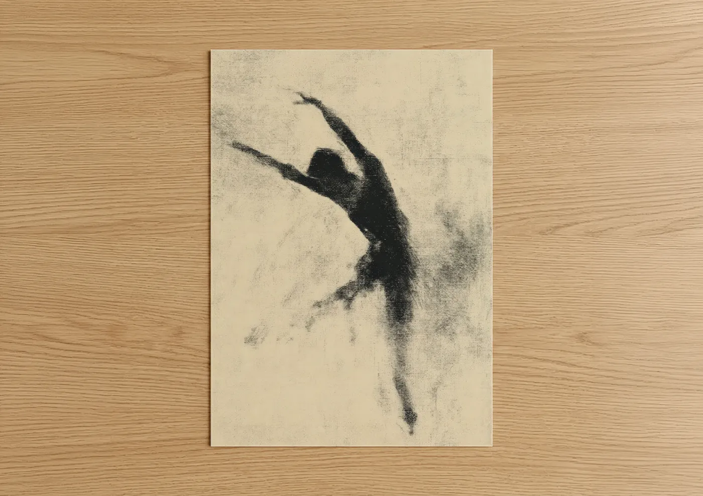 Gymnastics art print on warm oak wood — black and white and cream palette — Graceful Leap poster
