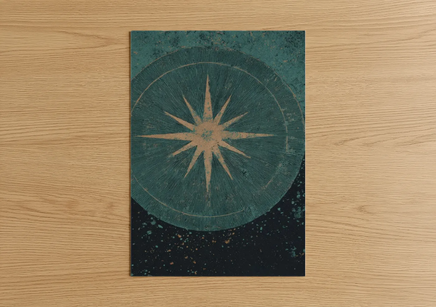 Art print on warm oak wood — teal and gold palette — Vintage Compass Rose poster