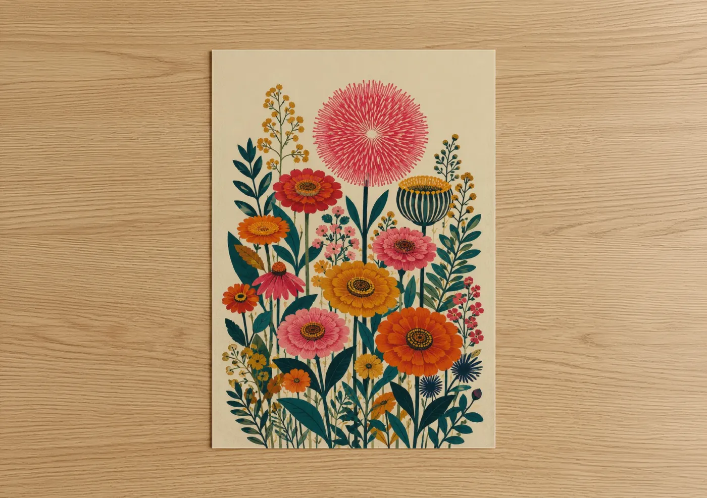 Art print on warm oak wood — orange and pink palette — Vintage Wildflower Garden Wall Art poster