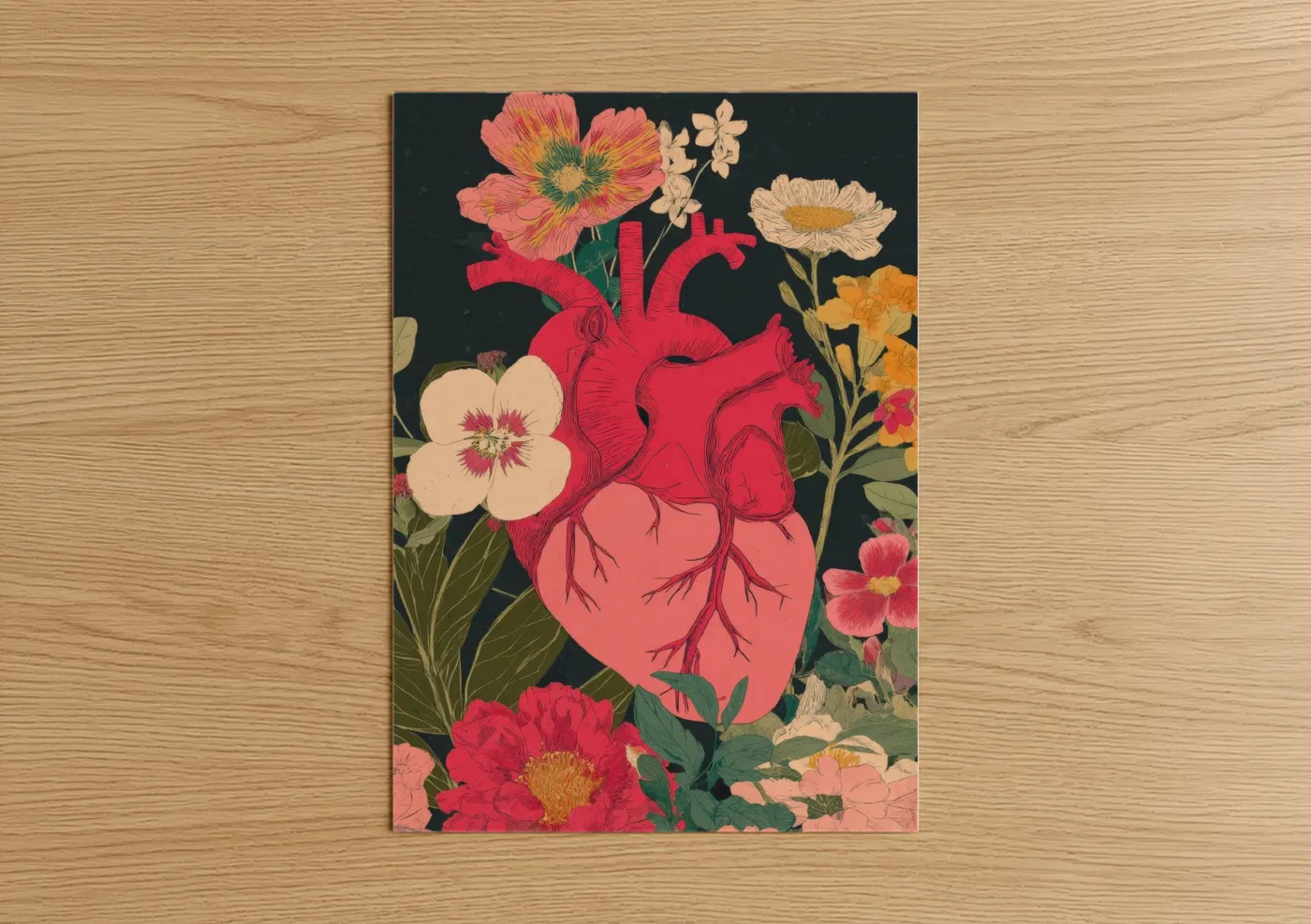 Valentine's day art print on warm oak wood — red and gold palette — Anatomical Heart Romance poster