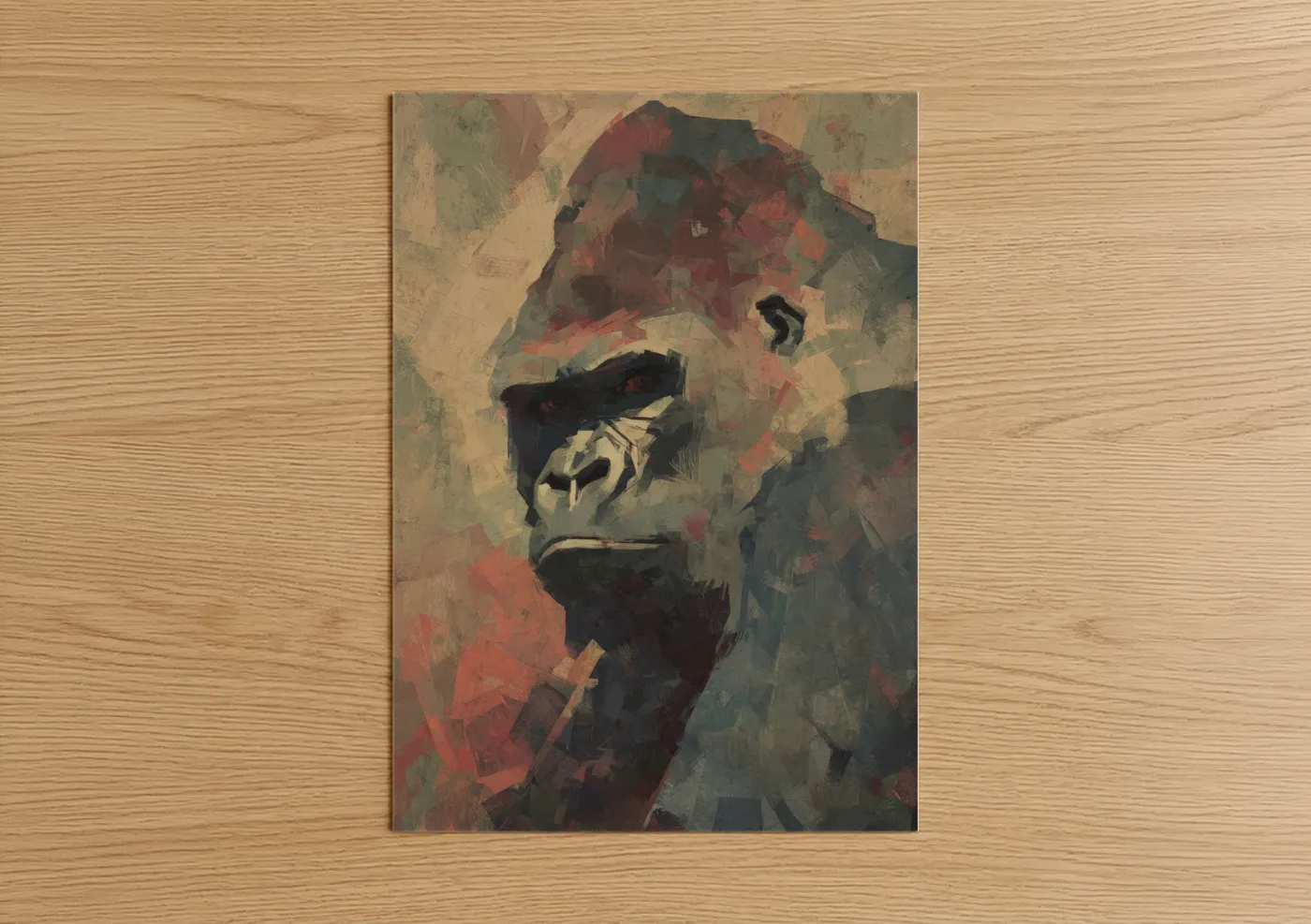Art print on warm oak wood — russet and olive palette — Contemplative Gorilla poster