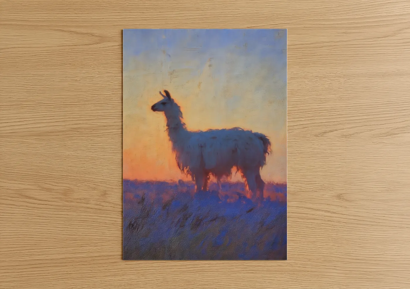 Art print on warm oak wood — gold and blue palette — Golden Hour Llama poster