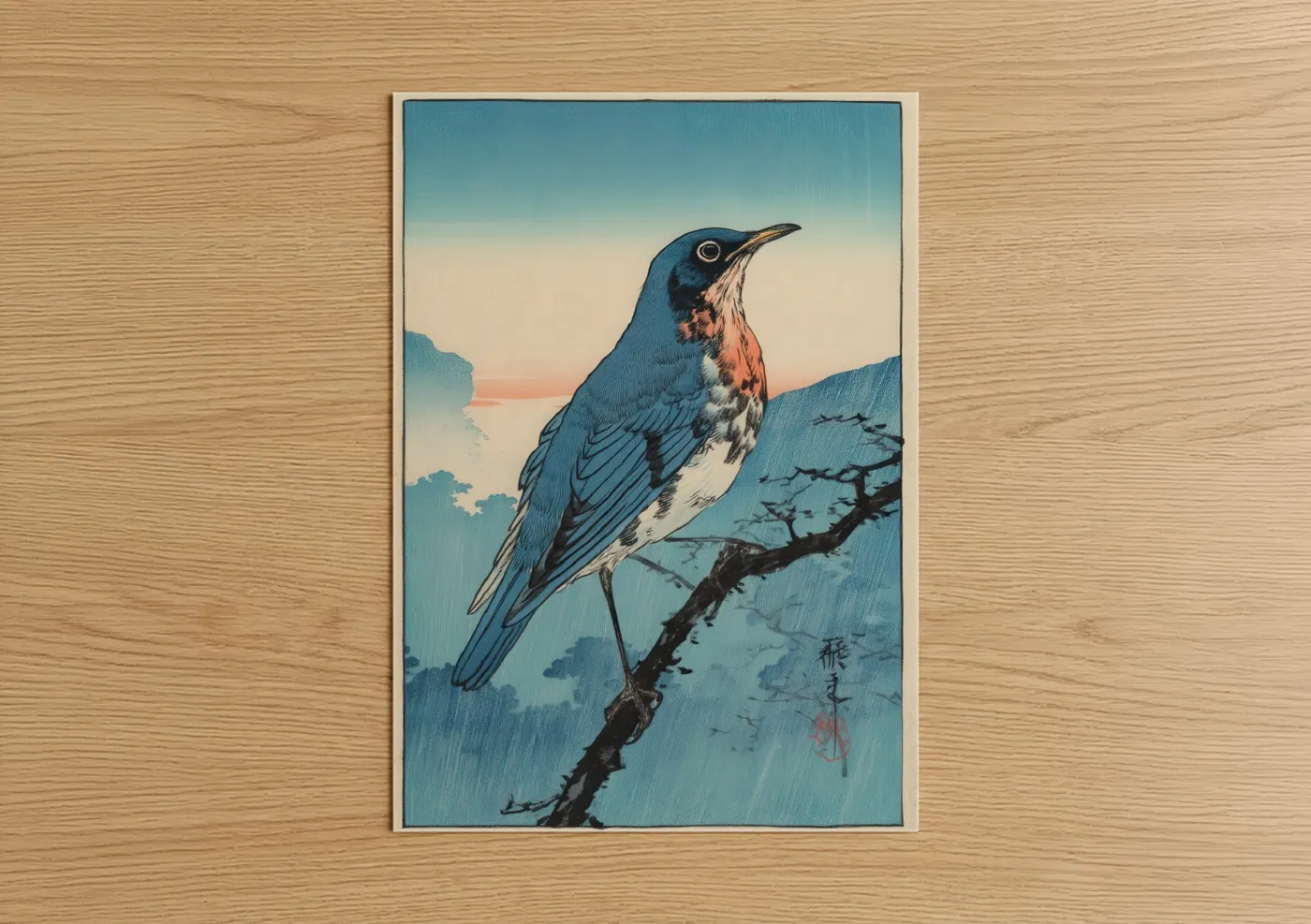Blue Thrush Bird Japanese Woodblock Wall Art
