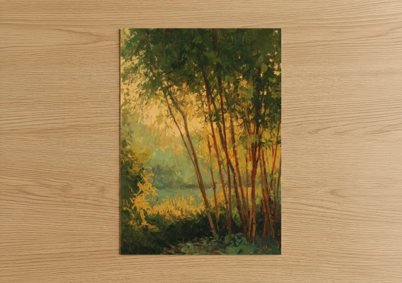 Art print on warm oak wood — yellow gold and green palette — Golden Bamboo Grove poster