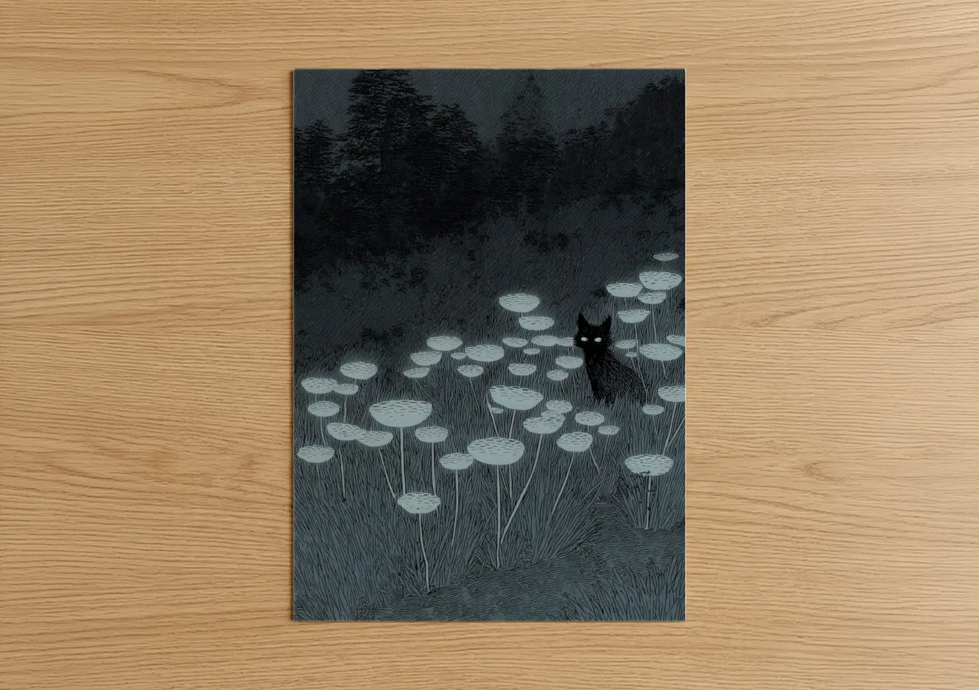 Magic and witchcraft art print on warm oak wood — black and white and gray palette — Moonlit Familiar poster