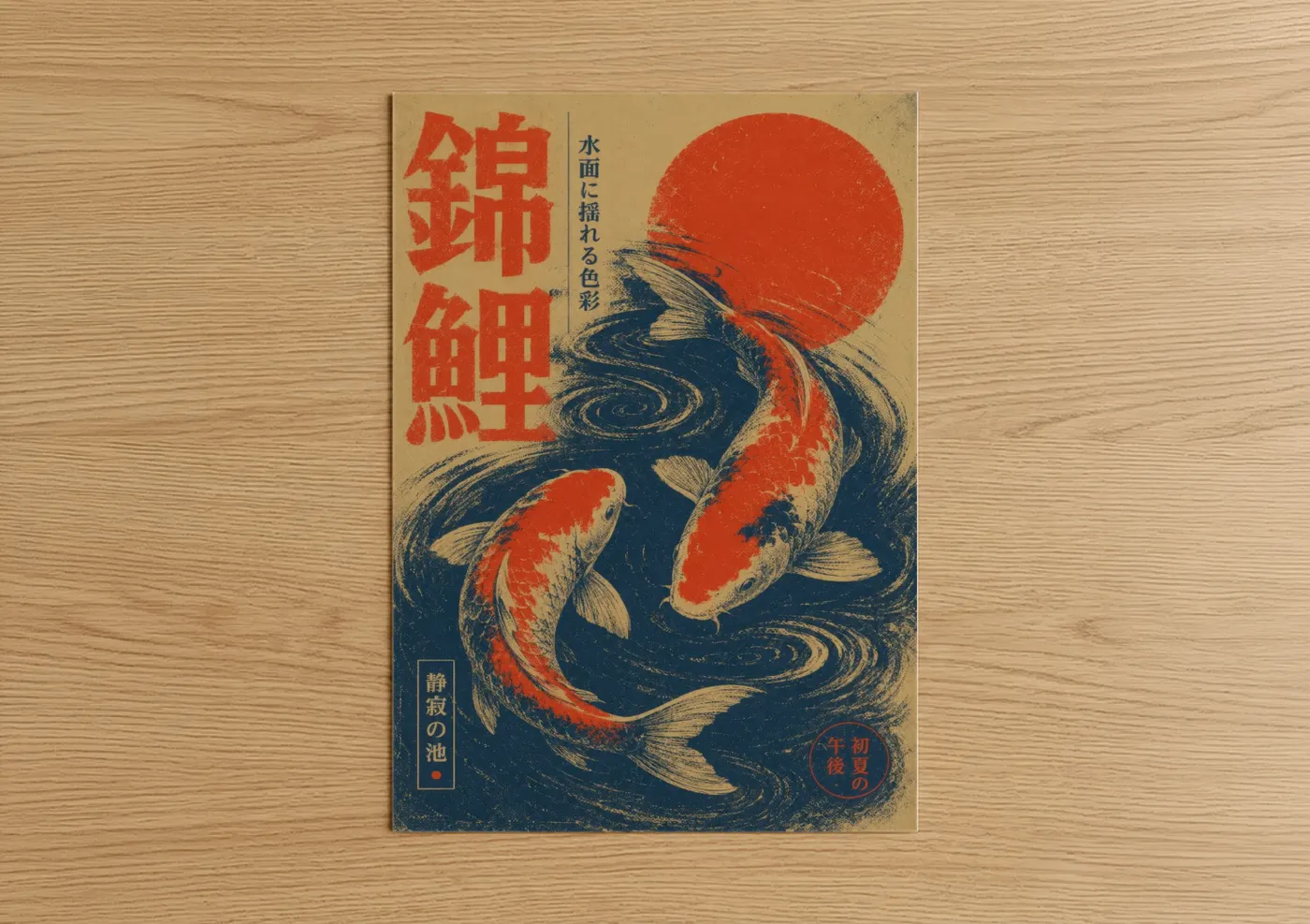 Art print on warm oak wood — red and blue palette — Japanese Koi Fish Sunset Wall Art poster
