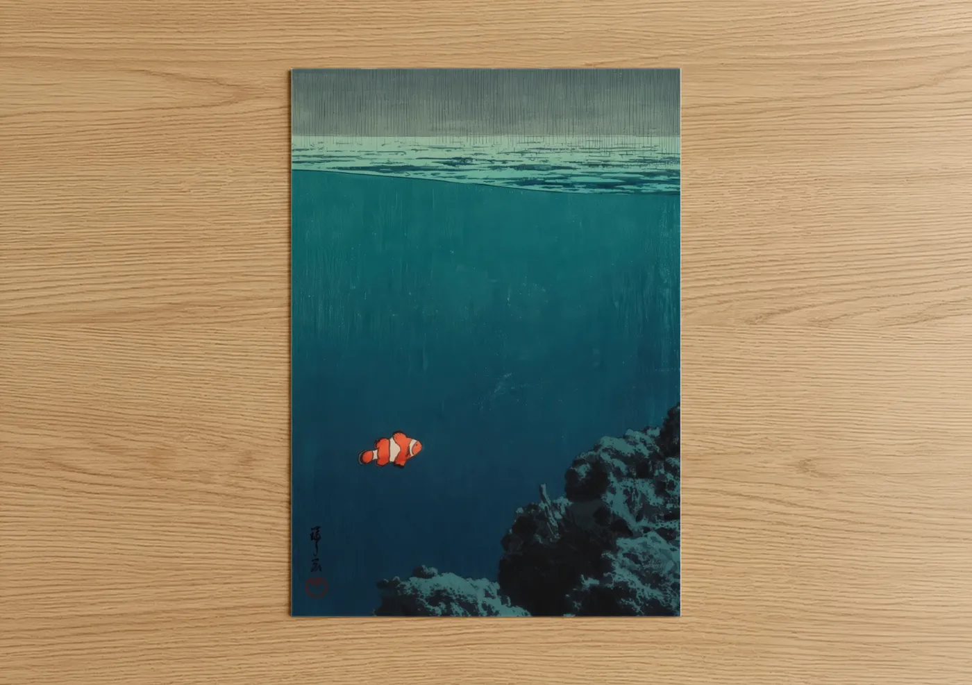 Clown fish art print on warm oak wood — teal and orange palette — Solitary Clownfish poster