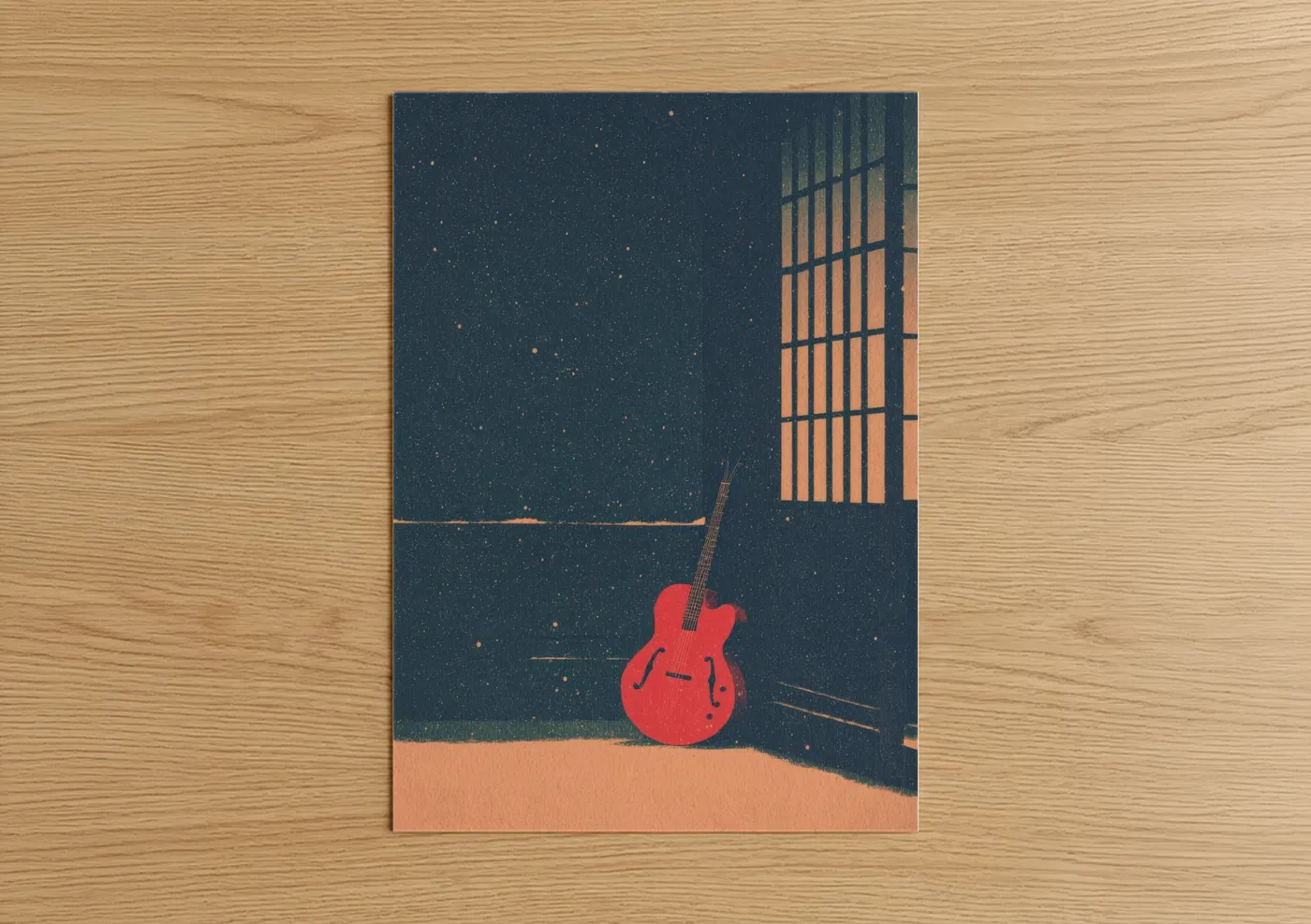 Red Electric Guitar Starry Night Window Wall Art