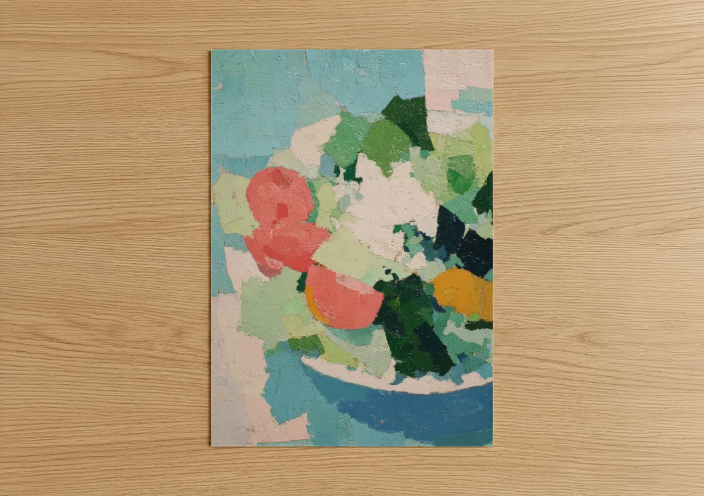 Art print on warm oak wood — teal and green palette — Garden Salad Bowl poster
