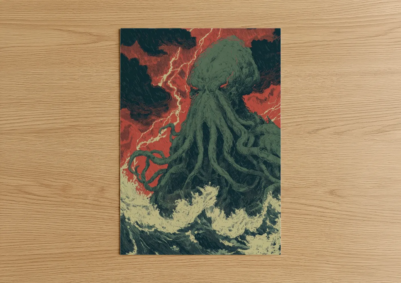 Art print on warm oak wood — dark green and red palette — Cosmic Cthulhu poster