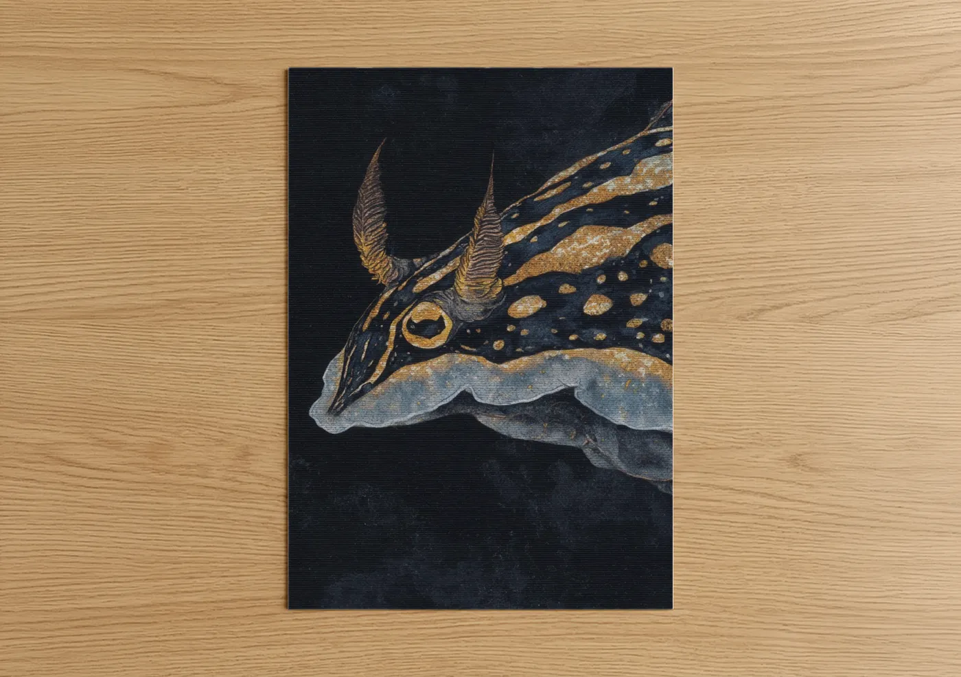 Art print on warm oak wood — black and gold and gray palette — Golden Nudibranch poster