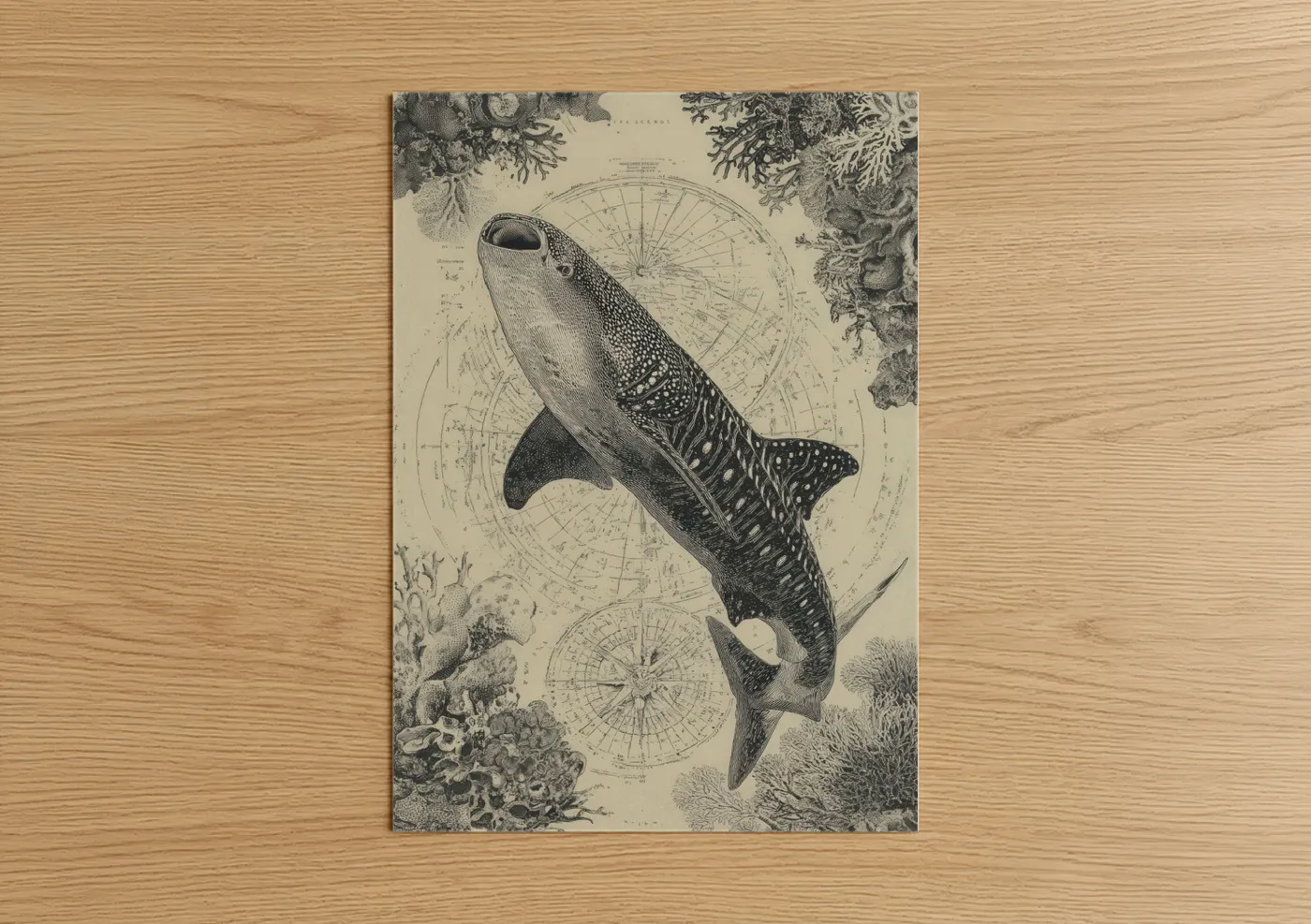 Art print on warm oak wood — cream and black and white palette — Celestial Whale Shark poster
