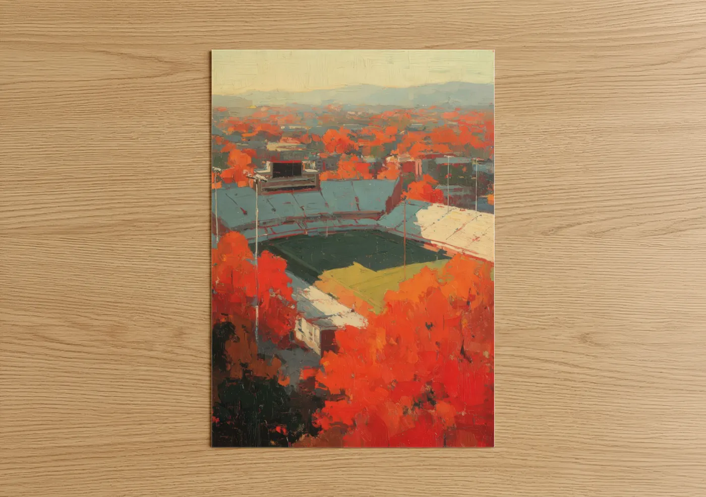 Stadiums and fields art print on warm oak wood — red and gold palette — Autumn Stadium poster