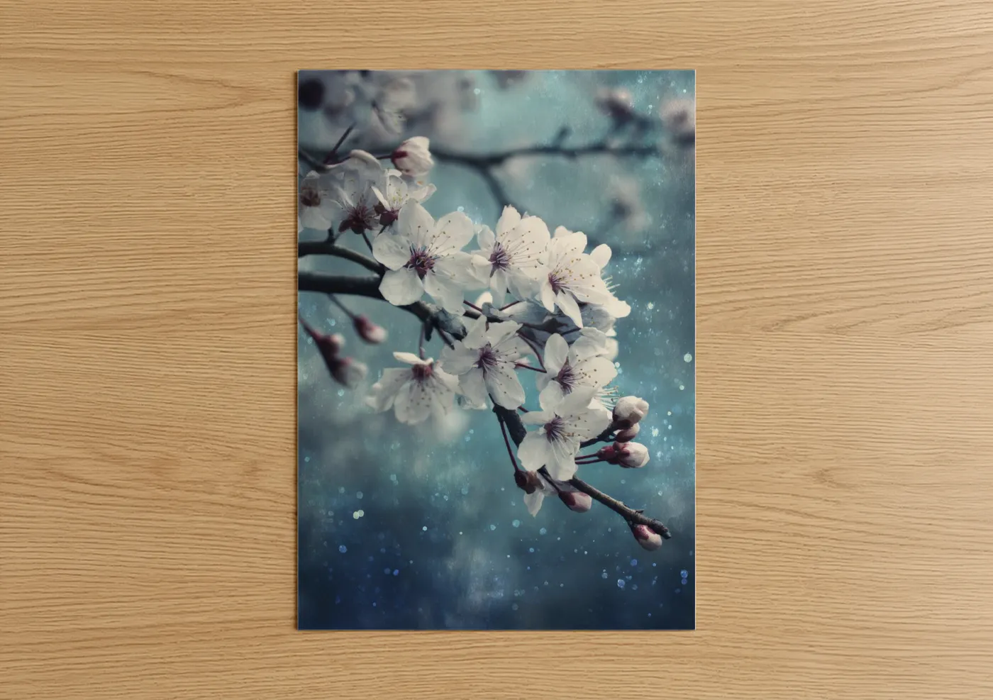 White Cherry Blossoms Snow Bokeh Wall Art