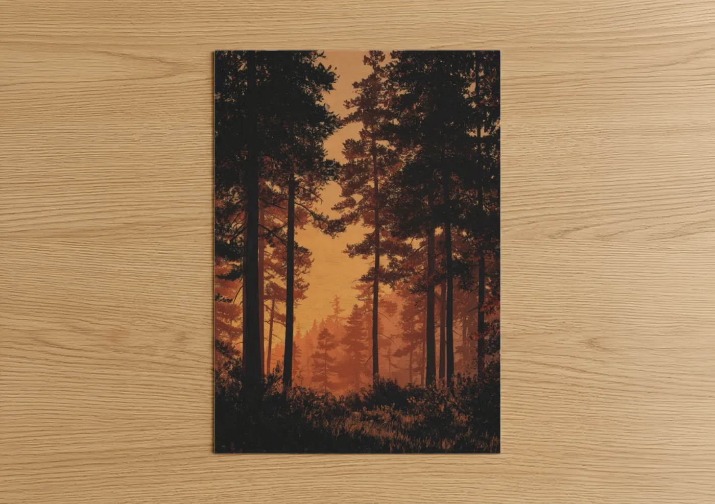 Art print on warm oak wood — gold and black palette — Golden Cedar Forest poster