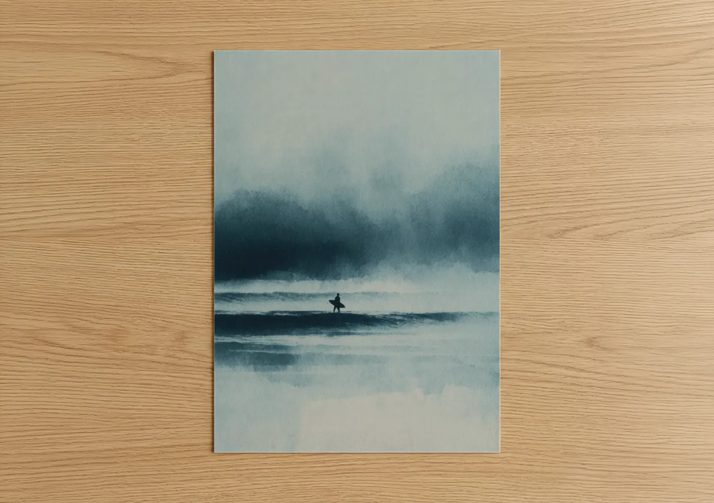 Surfing art print on warm oak wood — blue and white and gray palette — Solitary Surfer poster