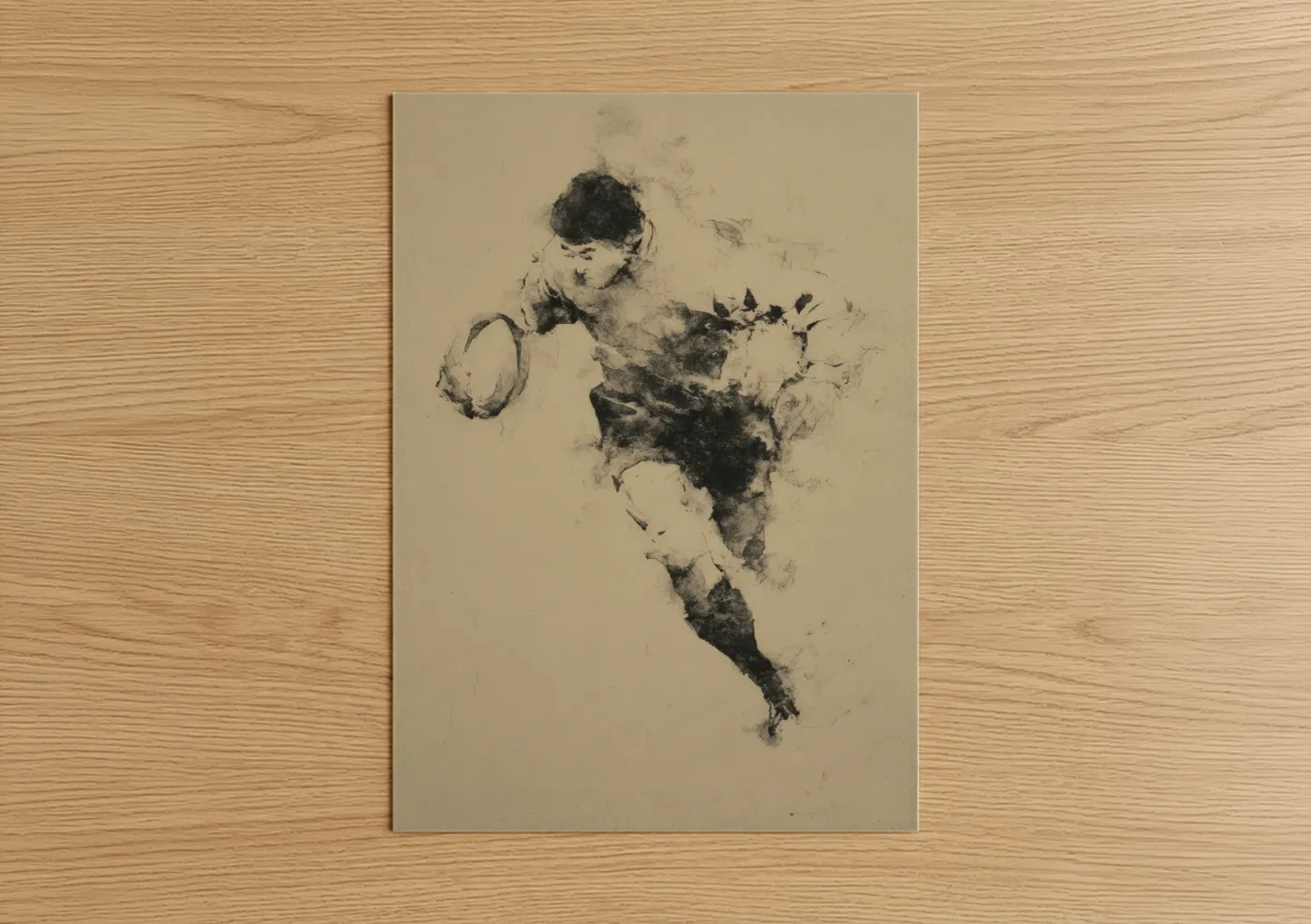 Art print on warm oak wood — black and black and white palette — Dynamic Rugby Player poster
