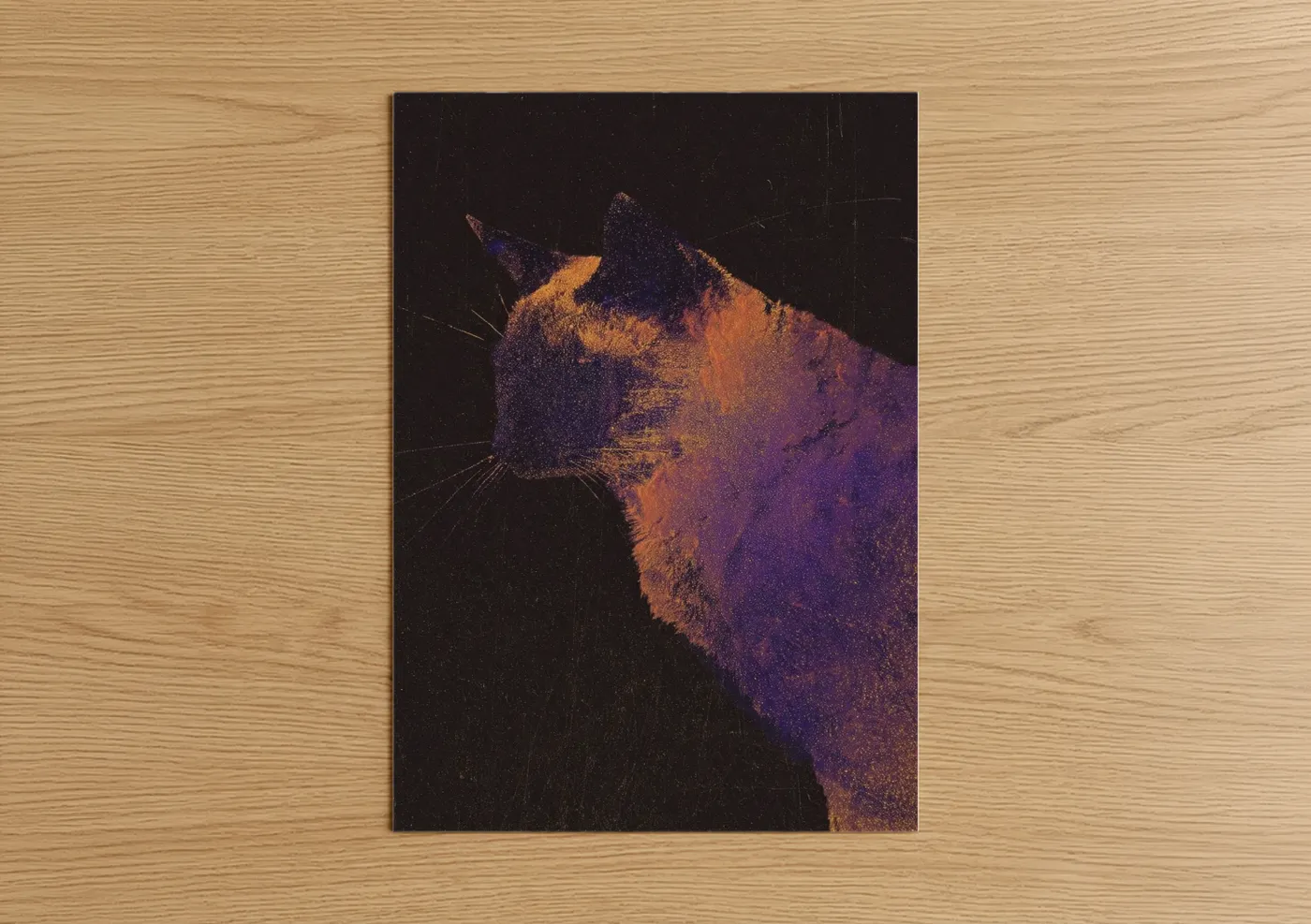 Cat art print on warm oak wood — gold and purple palette — Golden Feline poster