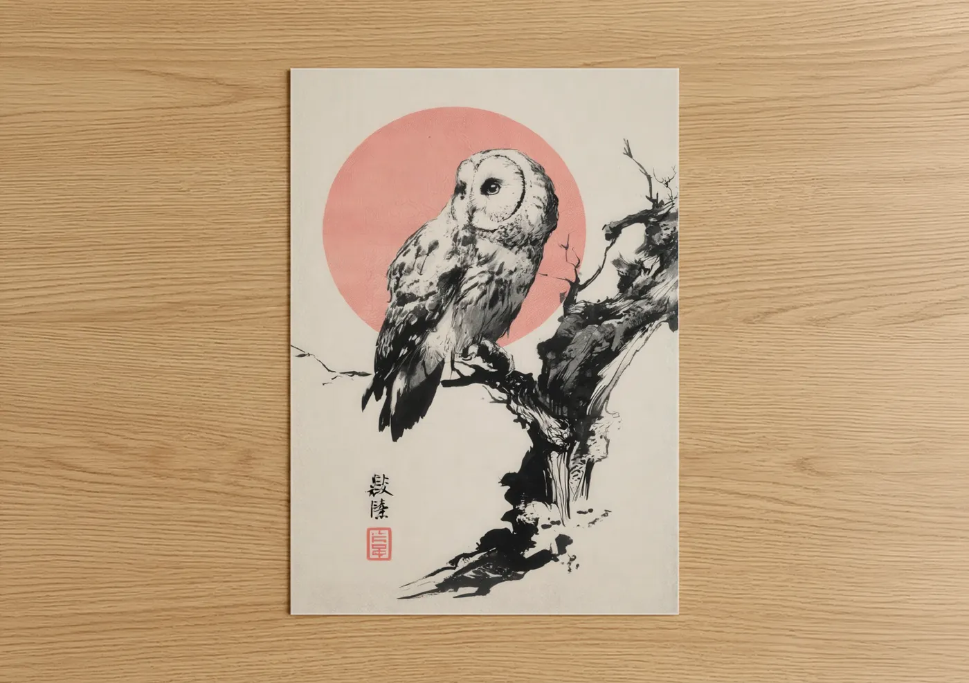 Barn Owl Moonrise Japanese Woodblock Wall Art