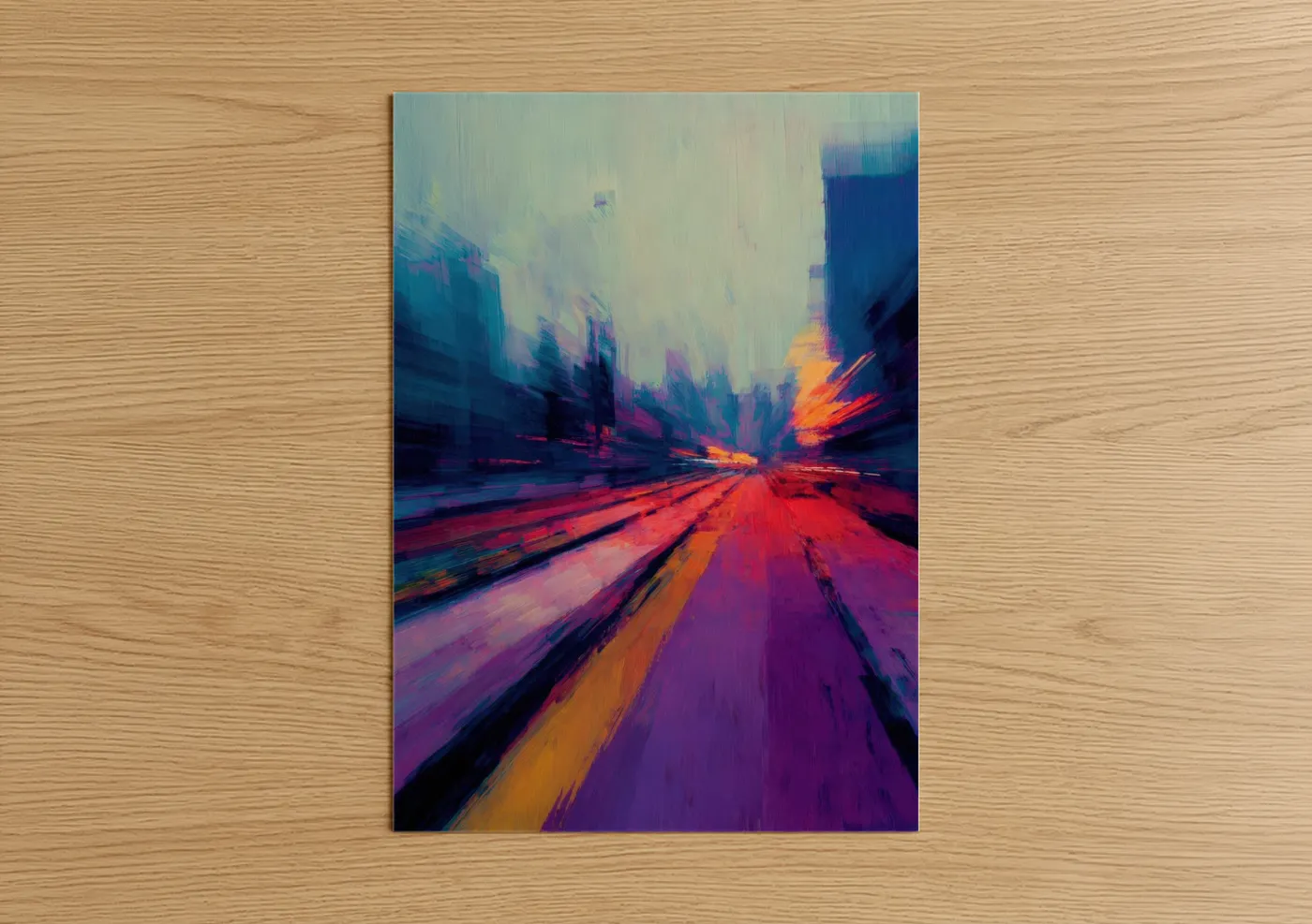 Road and highways art print on warm oak wood — blue and magenta palette — Neon Highway Rush poster