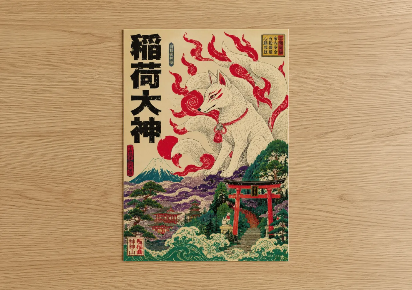 Art print on warm oak wood — red and cream palette — Japanese Kitsune Fox Shrine Wall Art poster