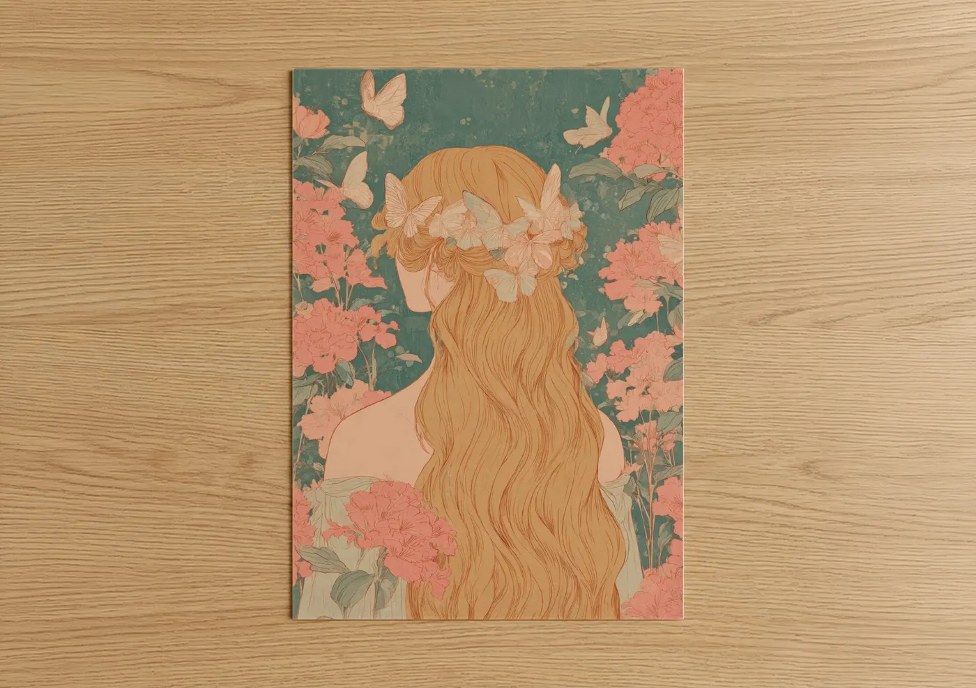 Art print on warm oak wood — sage green and peach palette — Hair with Floral Crown poster