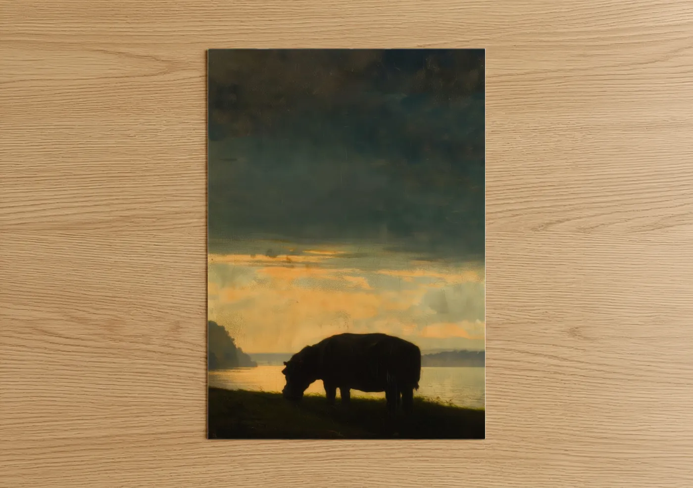 Hippo Sunset Golden Hour Watercolor Wall Art