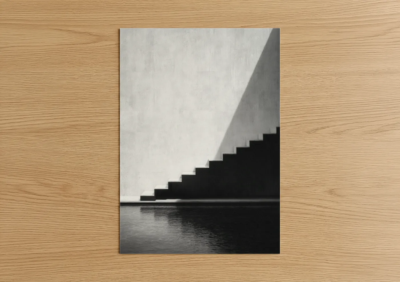 Art print on warm oak wood — black and white and gray palette — Minimalist Staircase poster