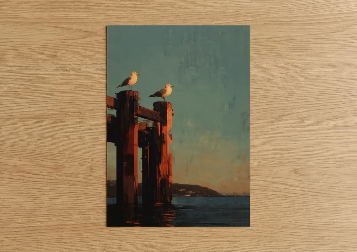 Art print on warm oak wood — gold palette — Waterfront Seagulls poster