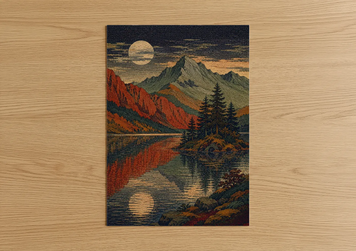 Art print on warm oak wood — orange and blue palette — Mountain Lake Sunset Wall Art poster