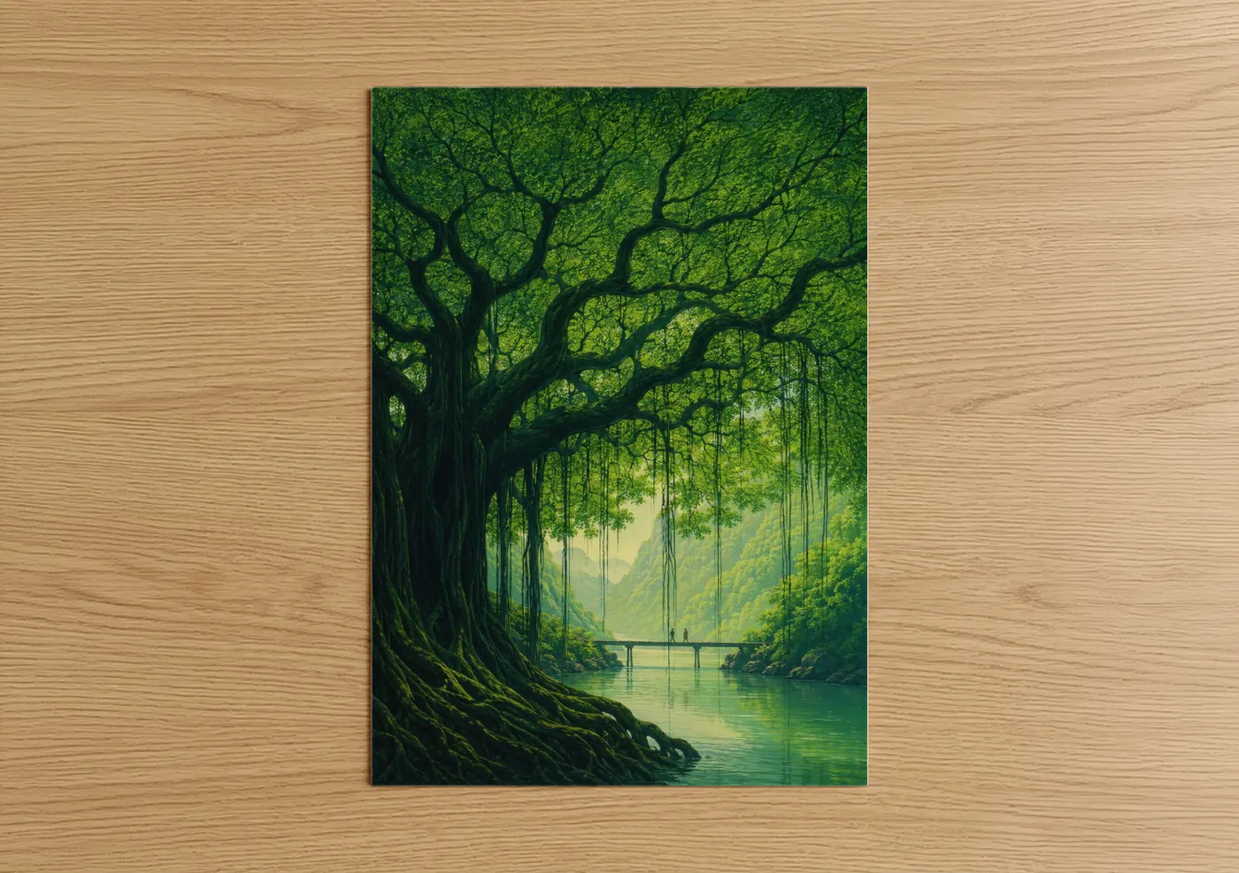 Art print on warm oak wood — true green and sage green palette — Mystical Banyan Tree River Wall Art poster