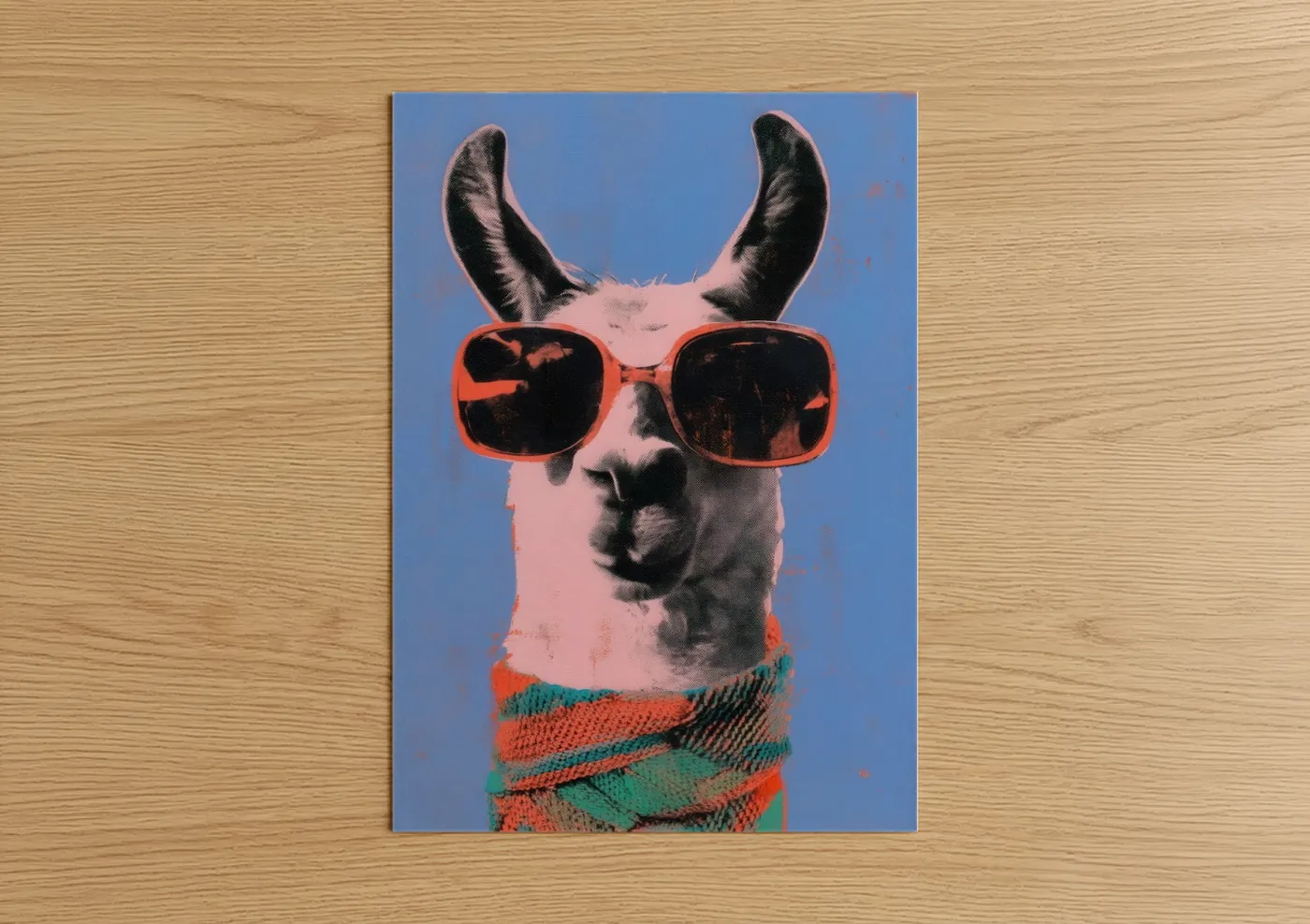 Art print on warm oak wood — blue and orange palette — Cool Llama Vibes poster