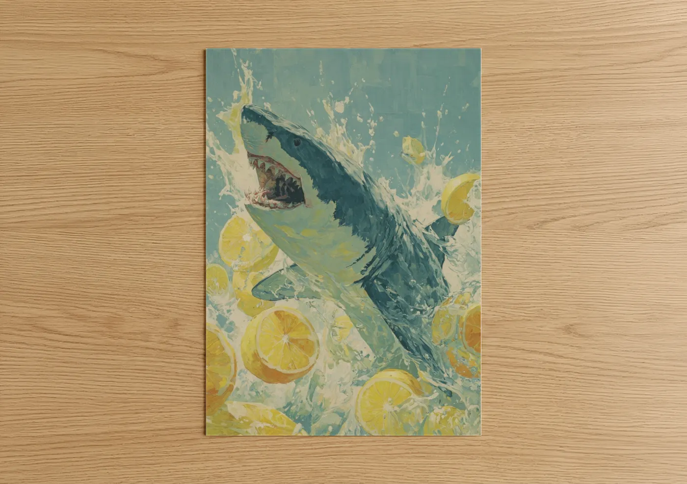 Art print on warm oak wood — teal and yellow gold palette — Citrus Lemon Shark poster