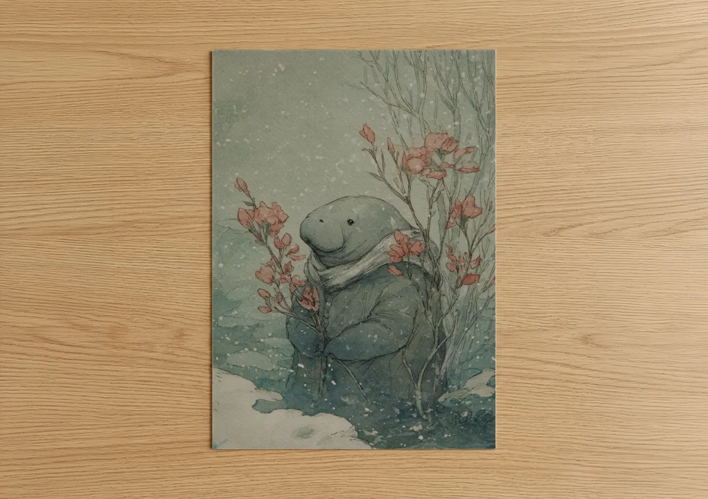 Manatees art print on warm oak wood — sage green and peach palette — Snowy Manatee poster
