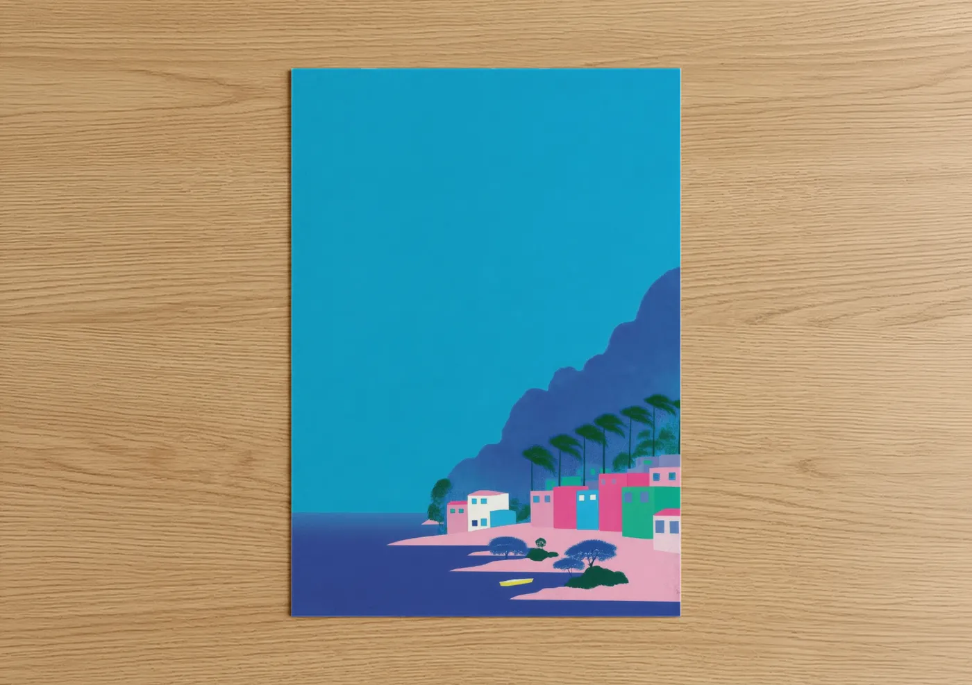 Art print on warm oak wood — blue and pink palette — Vibrant Beach Town poster