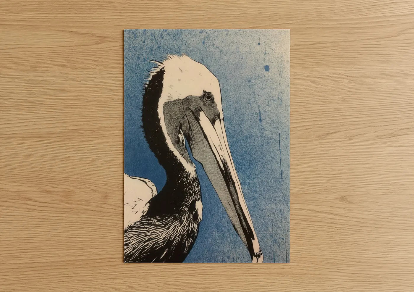 Art print on warm oak wood — blue and white and black and white palette — Azure Pelican poster