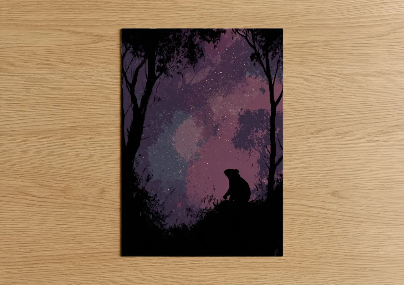 Art print on warm oak wood — purple and black palette — Starlit Koala poster