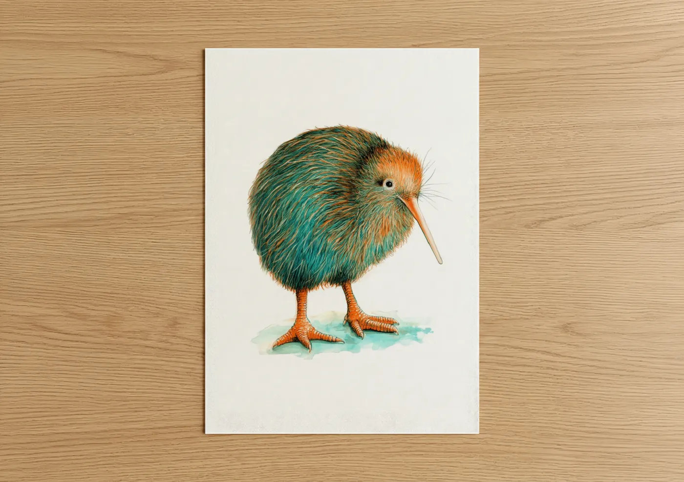 Art print on warm oak wood — teal and orange palette — Curious Kiwi poster