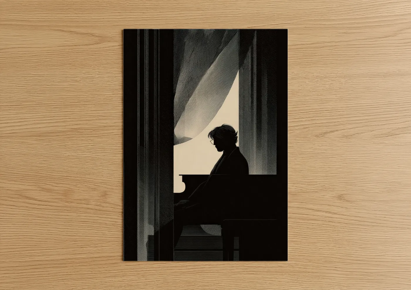 Musician art print on warm oak wood — black and white and cream palette — Contemplative Pianist poster