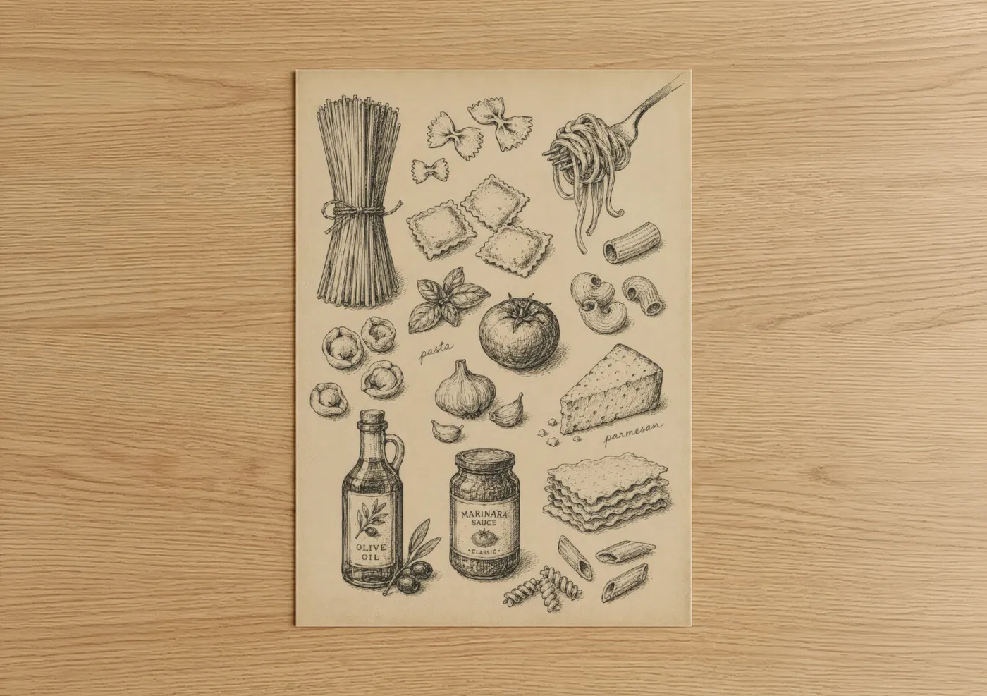 Art print on warm oak wood — beige and black and white palette — Italian Pasta Ingredients Kitchen Wall Art poster