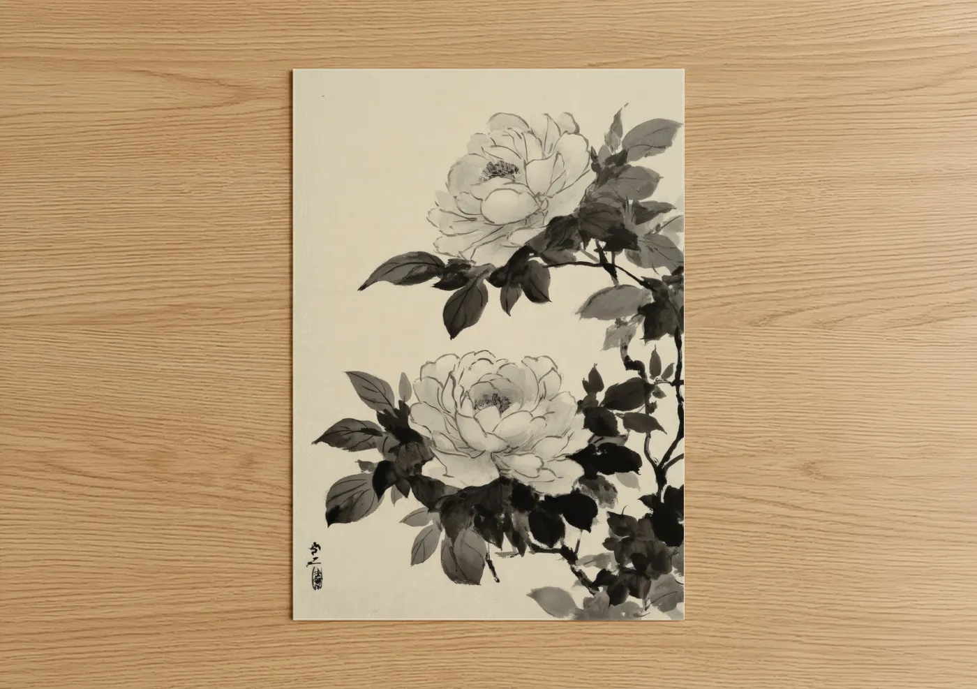 Moonlight Peony Ink Botanical Drawing Wall Art
