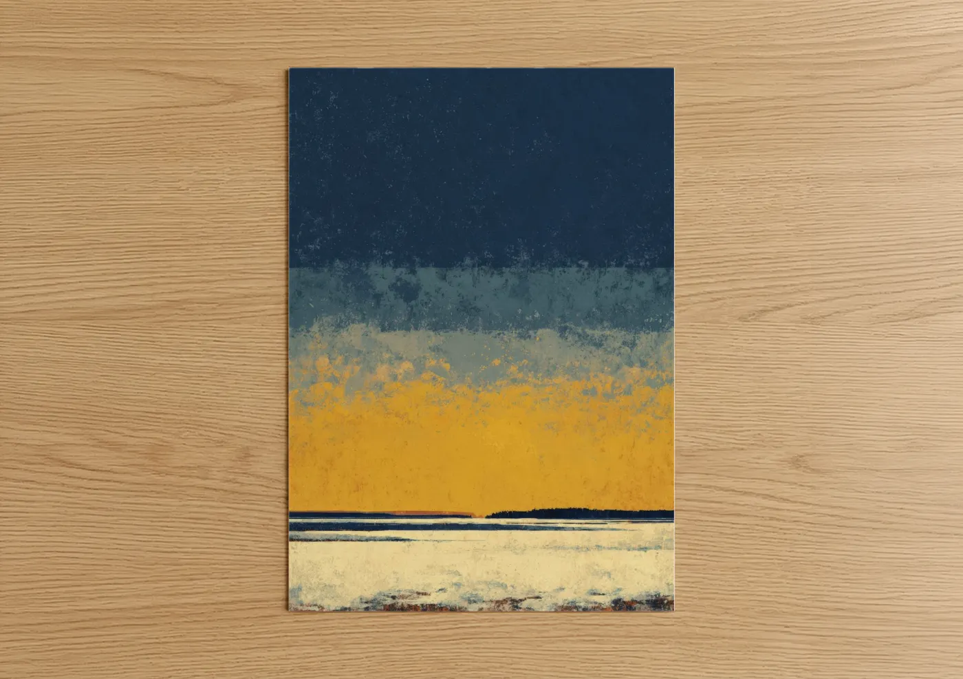 Morning sky art print on warm oak wood — dark blue and gold palette — Golden Morning Horizon poster